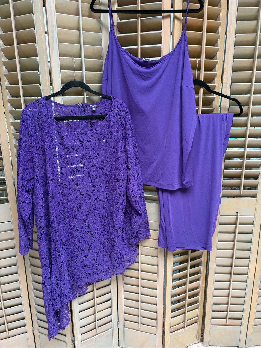 Roaman's Purple Lace Tunic with Matching Cami & Straight Leg Pants